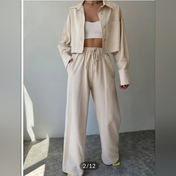 Collared Drawstring Two Piece Pants Set - Picture 1 of 15